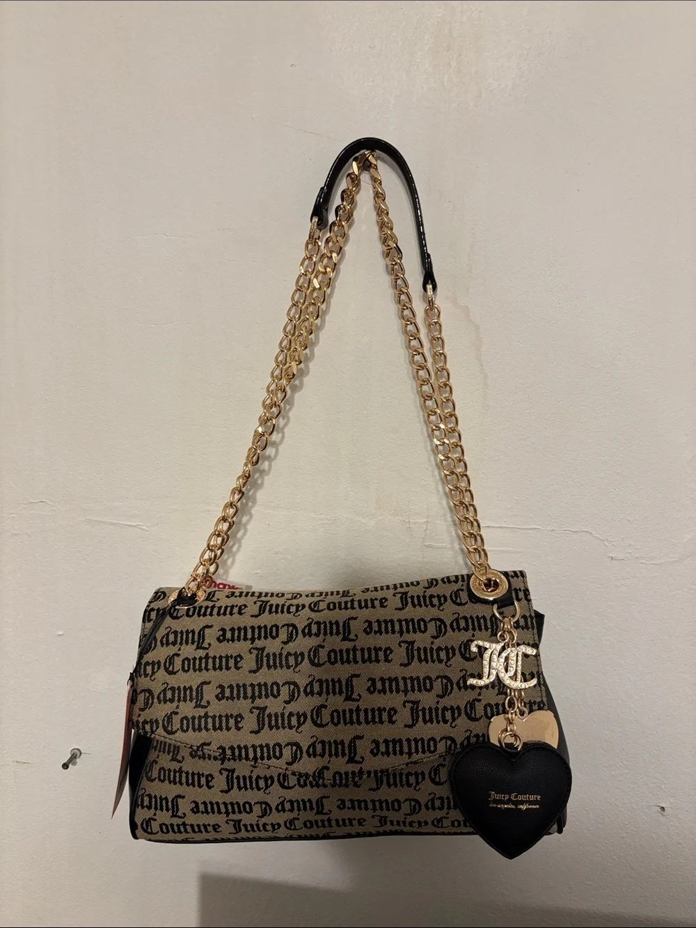 Juicy Couture Tan Logo Canvas Shoulder Bag with Black Heart Charm